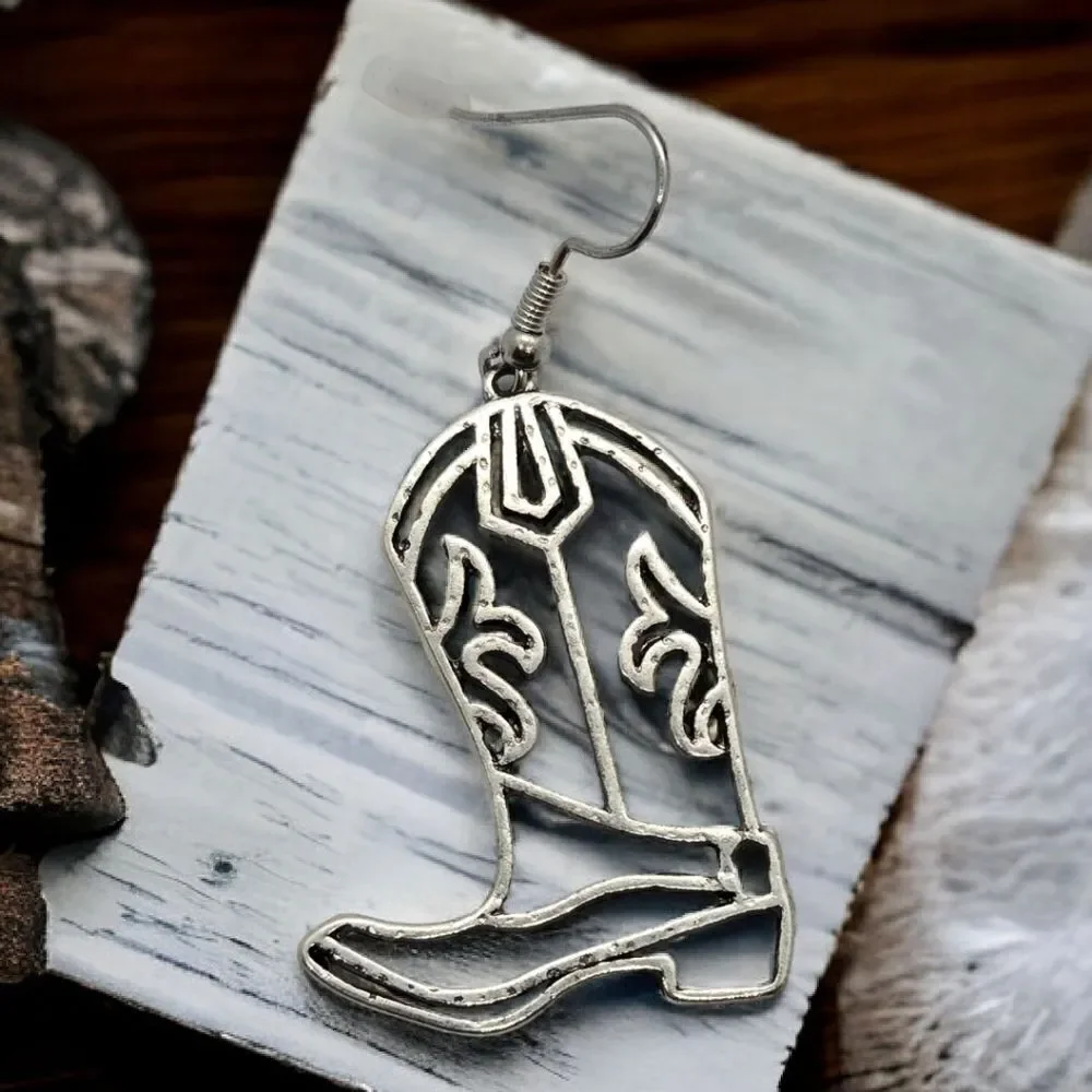 Silver Cowboy Boot Earrings Western Cowgirl Nashville Jewelry Rodeo Honky Tonk